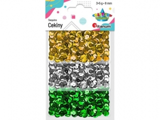 Cekiny okrge 8mm zestaw metaliczny 3 kolory x5g kolory: zoty, srebrny, zielony