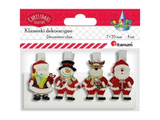 Klamerki drewniane z dekorem białe 7x35mm mix dekoru 25x37mm: Mikołaj 2 wzory, bałwanek, renifer 4szt.