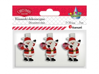 Klamerki drewniane z dekorem białe 7x35mm Mikołaj 32x40mm 3szt.