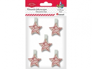 Klamerki drewniane z dekorem białe 7x35mm gwiazdki 32mm różowe z brokatem 5szt.