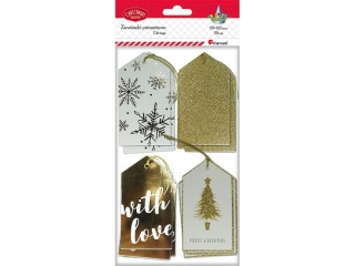 Zawieszki prezentowe Bo�e Narodzenie 20szt. z nadrukiem jednostronnym 60x110mm tonacja z�ota + sznureczek z�oty 4 wzory