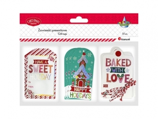 Zawieszki prezentowe cukiernicze 3 wzory z nadrukiem jednostronnym 12szt. + sznureczki biało-czerwone Have a sweet holiday 61x98mm, Happy holidays 34x