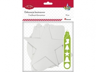 Zawieszki tekturowe z dziurką do wykończenia: skarpeta 123x165mm, choinka 146x165mm, gwiazdka 168x153mm, dzwonek 16x163mm, bombka 15mm 14szt.