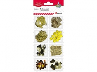 Zestaw do cardmakingu 8 rodzajów złoty: wstążka, naklejki tektura falista, dekoracje materiałowe, pompony, konfetti, koraliki, kryształki