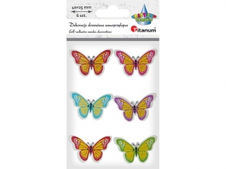 Drewniane motyle 40x25mm guziki na piance 3D mix kolorów 6szt. jasnoczerwony, różowy, jasnoniebieski, jasnofioletowy, czerwony, jasnozielony