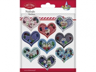 Naklejki 3D serca 40x35mm z zimowymi widoczkami i cekinami 9szt.