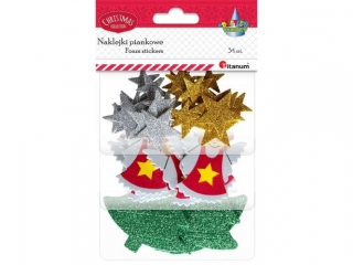 Naklejki piankowe brokatowe gwiazdki złote/srebrne 35x33/24x23mm, aniołki matowe 48x65mm, choinki zielone 66x70mm 34szt.