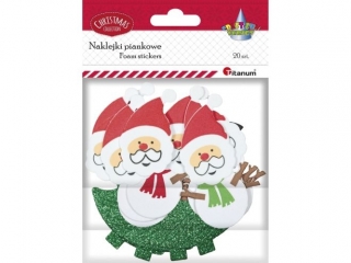 Naklejki piankowe głowy Mikołaja 37x57mm, bałwanki 49x65mm, brokatowe choinki zielone 62x70mm 20szt.