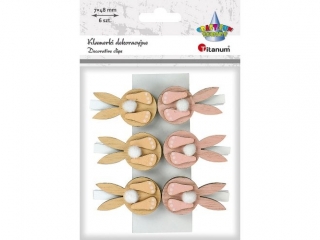 Klamerki drewniane z dekorem białe 7x48mm dekor zajączki 3D 27x45mm z pomponem 2 kolory 6szt. TITWLK