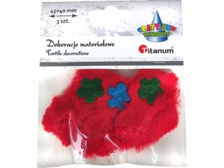 Aplikacje materiałowe serca futerkowe 50x35mm czerwone z kwiatkiem 3szt.