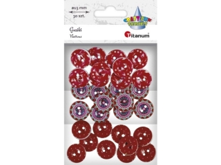 Guziki plastikowe okrągłe O15mm tonacja czerwona 3 wzory 30szt.