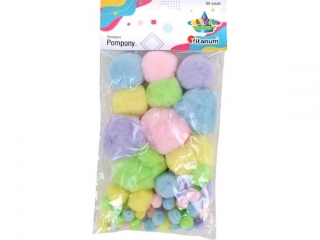 Pompony akrylowe mix 50mmx5szt., 35mmx5szt., 25mmx7szt., 15mmx15szt., 10mmx28szt. mix kolorów pastelowych 60szt. TITWLK