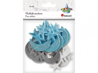 Naklejki piankowe brokatowe księżyce 15x42/12x35mm, gwiazdy 21x21mm niebieskie, srebrne, białe 60szt.