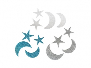 Naklejki piankowe brokatowe ksiyce 15x42/12x35mm, gwiazdy 21x21mm niebieskie, srebrne, biae 60szt.