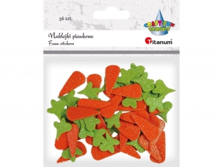 Naklejki piankowe brokatowe marchewki 15x32mm, natki marchewki 20x22mm 56szt.