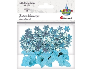 Zestaw cekiny kwiaty 14mm 3g i naklejki piankowe brokatowe motyle 30x20mm i tulipany 29x32mm błękitne 12szt. TITWLK
