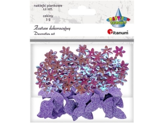 Zestaw cekiny kwiaty 14mm 3g i naklejki piankowe brokatowe motyle 30x20mm i tulipany 29x32mm wrzosowe 12szt. TITWLK