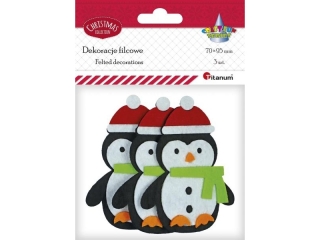 Filcowe pingwiny 3D w czapkach Mikoaja 70x95mm 3szt.