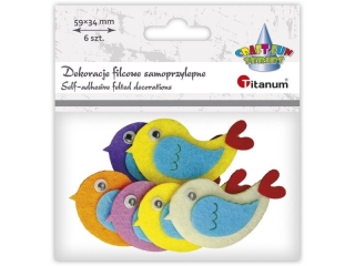 Dekoracje samoprzylepne filcowe 3D ptaszki 70x35mm 6szt. kolory: beżowy, jasnoróżowy, pomarańczowy, żółty, fioletowy TITWLK