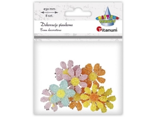 Dekoracje filcowe kwiaty O30mm oklejone przezroczystymi kuleczkami 3 wzory 8szt. kolory: bladoróżowy, miętowy, żółty, pomarańczowy TITWLK