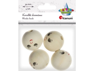 Koraliki drewniane okrągłe z twarzą O30mm otwór O6mm naturalne drewno 4szt.