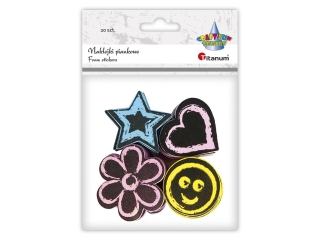 Naklejki piankowe mix 4 wzorów 20szt. okrąg żółty O44mm (5szt.), serce różowe 49x46mm (5szt.), kwiatek różowy O58mm (5szt.), gwiazdka niebieska 48x50m