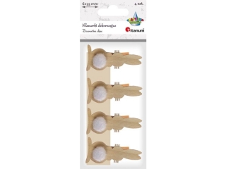 Klamerki drewniane z dekorem naturalne 7x35mm króliczki tyłem drewniane 23x48mm z pomponem białym 4szt. TITWLK