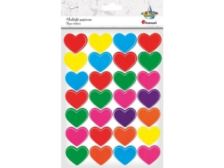 Naklejki papierowe serca 34x28mm czerwone, żółte, niebieskie, zielone, różowe, fioletowe, pomarańczowe 2 plansze 56szt.