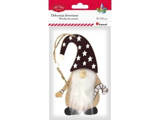 Zawieszka drewniana skrzat 85x130mm be�owy z br�zow� czapk� na sznurku jutowym z koralikiem 1szt.