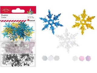 Konfetti mix 3 wzorów płatki śniegu 35mm złote, srebrne, chabrowe 3g + sześciokąty 7mm przezroczyste, srebrne 2x11g