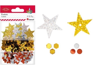 Konfetti mix 3 wzorów gwiazdki 35mm złote, srebrne 3g + sześciokąty 6mm złote 11g + okrągłe 7mm miedziane, srebrne 11g