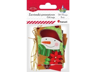 Karnety prezentowe Boże Narodzenie 50x70mm 4 wzory brokatowane głowy bałwanków 8szt. + sznureczek 1, 5m