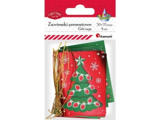 Karnety prezentowe Boe Narodzenie 50x70mm 4 wzory metalizowane choinka, cukrowa laska, prezent, skarpeta 8szt. + sznureczek 1, 5m