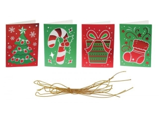Karnety prezentowe Bo¿e Narodzenie 50x70mm 4 wzory metalizowane choinka, cukrowa laska, prezent, skarpeta 8szt. + sznureczek 1, 5m