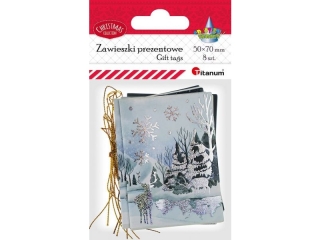Karnety prezentowe Bo�e Narodzenie 50x70mm 4 wzory metalizowane zimowy krajobraz z: reniferami, wilgami, saniami Miko�aja i wiewi�rk�, zaprz�giem Miko