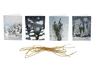 Karnety prezentowe Bo�e Narodzenie 50x70mm 4 wzory metalizowane zimowy krajobraz z: reniferami, wilgami, saniami Miko�aja i wiewi�rk�, zaprz�giem Miko