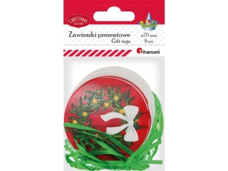 Karnety prezentowe Boże Narodzenie okrągłe O70mm brokatowane 2 wzory: świąteczny wieniec z białą kokardą na czerwonych drzwiach, choinka z bombkami i