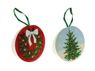 Karnety prezentowe Boe Narodzenie okrge O70mm brokatowane 2 wzory: witeczny wieniec z bia kokard na czerwonych drzwiach, choinka z bombkami i 