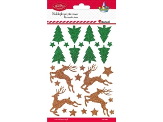 Naklejki papierowe brokatowe choinki zielone 24x35mm, renifery złote 60x28mm, gwiazdki zielone 11mm, gwiazdki złote 22/15/12mm 29szt.