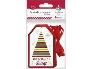 Zawieszki prezentowe Bo�e Narodzenie metaliczne 63x102mm z nadrukiem dwustronnym 3 wzory 9szt. + wst��ka 2m