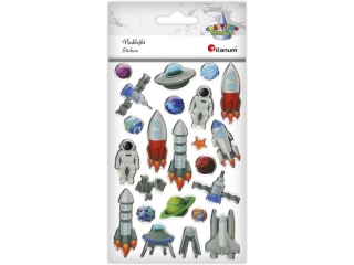 Naklejki ywica kosmos: rakiety, satelity, astronauci, ufo, planety (lustrzana strona klejca) mix rozmiarw 23szt.
