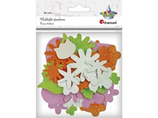 Naklejki piankowe brokatowe kwiaty O46/30/26mm, główki tulipanów 43x43/28x27mm, motyle 37x30/23x14mm, ważki 29x24mm zielone, różowe, białe, pomarańczo