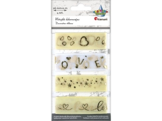 Wstążki z organzy 26mm ze złotym nadrukiem 2 kolory 4 wzory x1m nadruk: serca, LOVE, gwiazdki, love kolory: beżowy, biały TITWAL