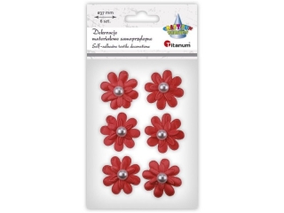 Dekoracje samoprzylepne materiałowe 3D kwiaty O37mm czerwone z perełką 6szt. TITWLK