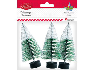 Drzewka miniaturowe plastikowe Choinki 3szt. zielono-białe wysokość 100mm, szerokość u dołu korony: 50mm