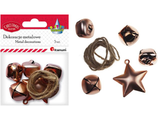 Dzwoneczki metalowe 23x21mm, gwiazdka 43x45mm różowe złoto 5szt. + sznurek jutowy