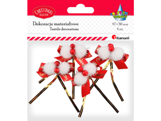 Kokarda 47x30mm czerwona z napisem ?Merry Christmas? z białymi pomponami i owocami ostrokrzewu z mocowaniem twist 4szt.