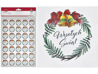Naklejki papierowe wianek z dzwonkami i napisem ?Wesołych Świąt? O35mm 35szt.