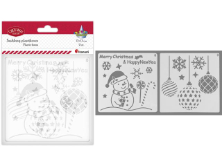 Szablony plastikowe 130x130mm 2szt. Bombki, płatki śniegu / napis Merry Christmas x Happy New Year, bałwanek