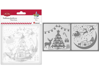Szablony plastikowe 130x130mm 2szt. Choinka, sznur lampek, renifer, prezent, laska cukrowa / sanie Miko�aja, ksi�yc